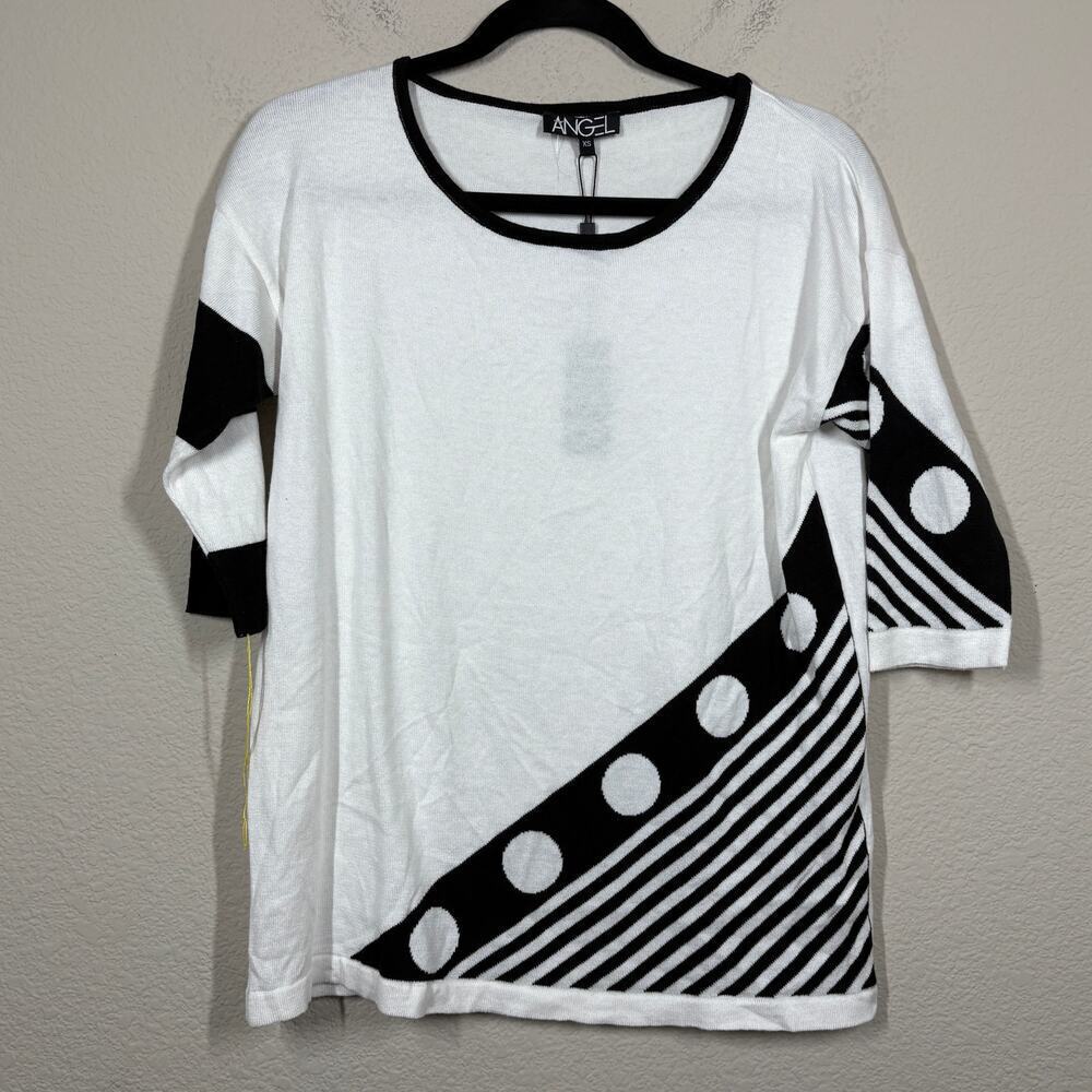 Angel Womens XS Asymmetric Stripe Sweater Top White Black Crew Neck Half Sleeves